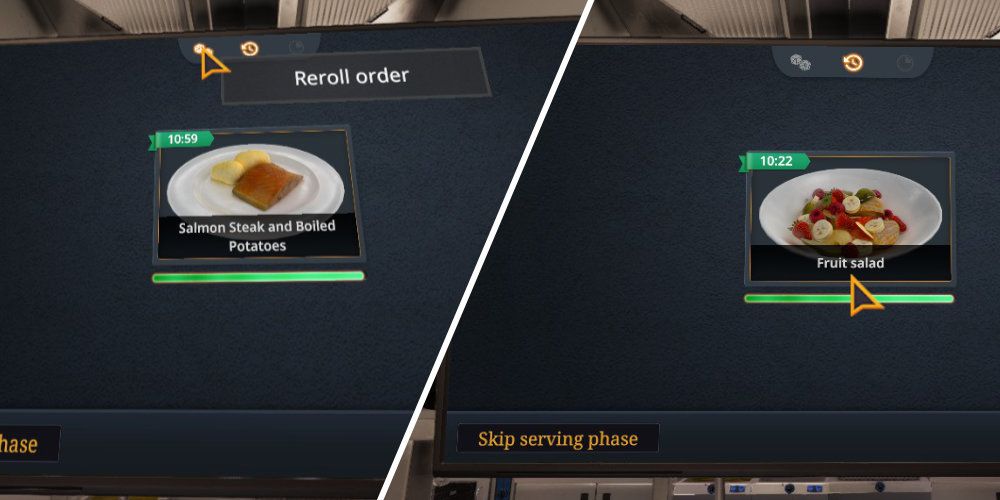 Split image of two TV screens, one with a salmon dish and another with a fruit salad.