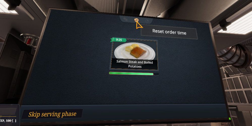 View of a TV screen in a kitchen, showing a recipe on screen with the option to reset the order time