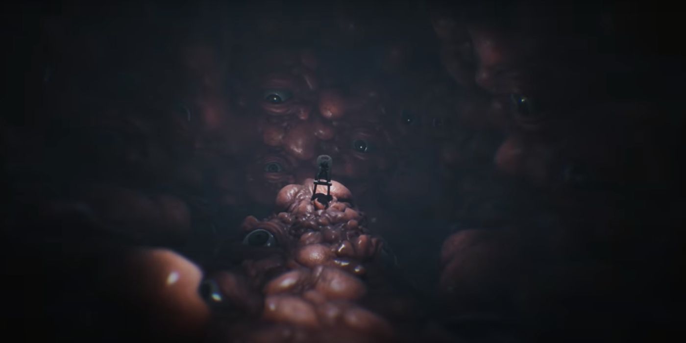 Mono from Little nightmares sits on a chair amidst a room filled with flesh and eyes