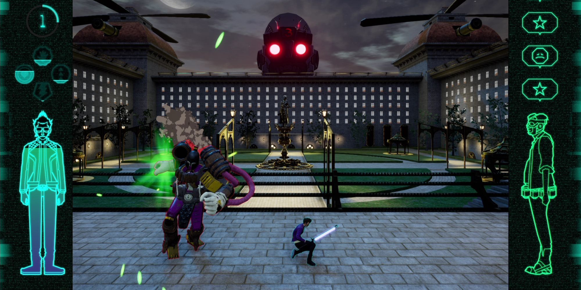 Travis fights a giant robot on a city street at night