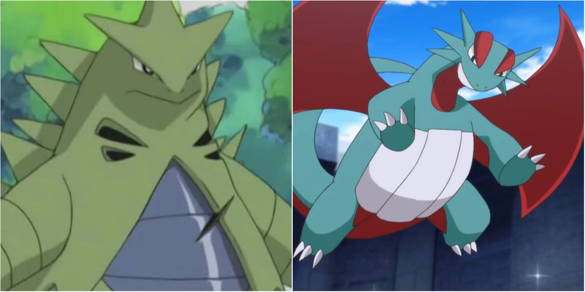 Split image screenshots of Tyranitar and Salamence.