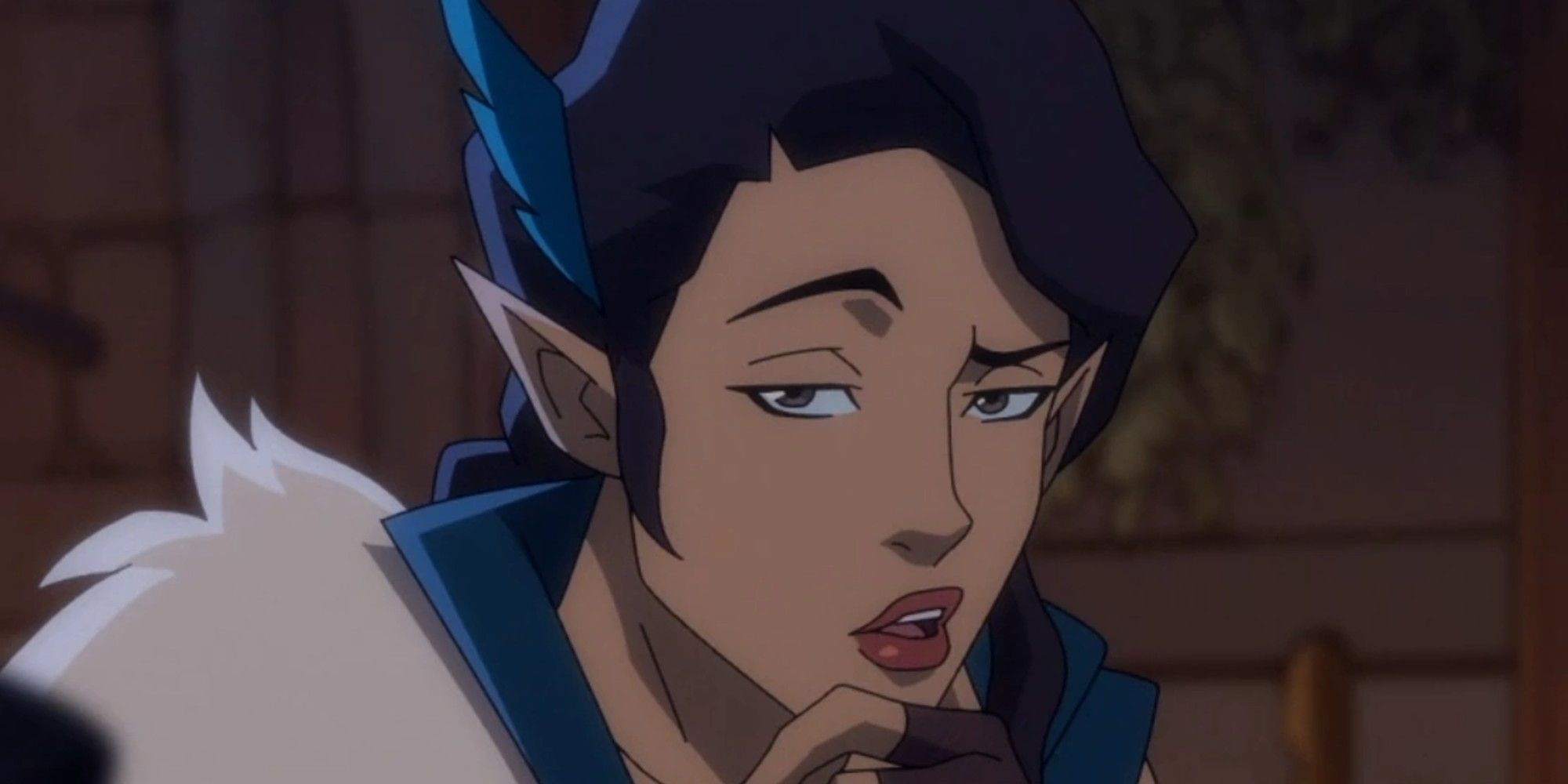 Vex'Ahlia from Legend of Vox Machina looking suspicious in a tavern