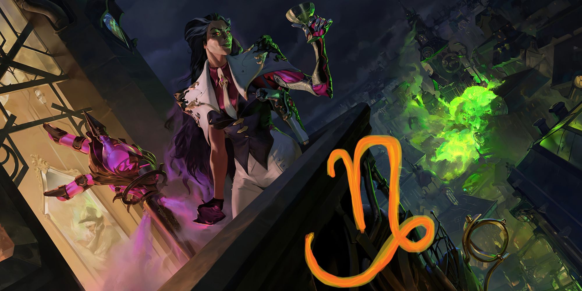 Renata overlooking a gas spill from lofty heights, a well-deserved drink in her goblet as she grins down upon the scene 
