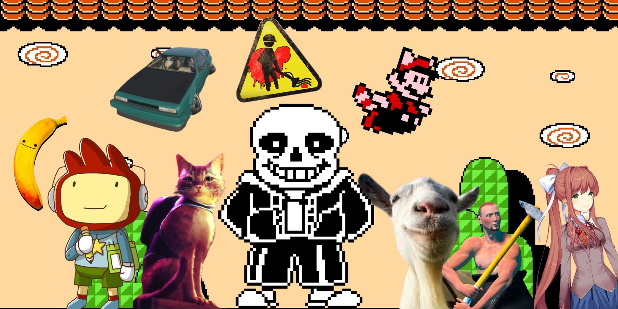 characters from my friend pedro, scribblenauts, stray, gta online, undertale, super mario bros 3, goat simulator, getting over it, doki doki literature club, and the viscera cleanup detail logo over the super mario background