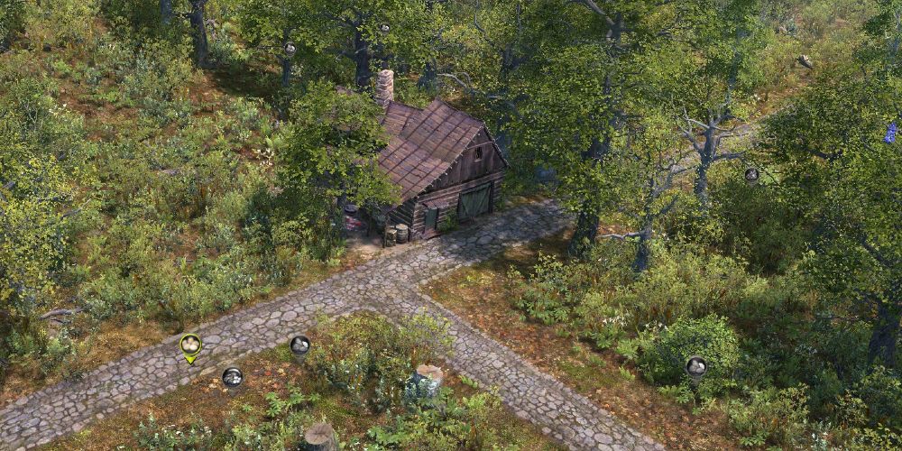 cobbled road with way station