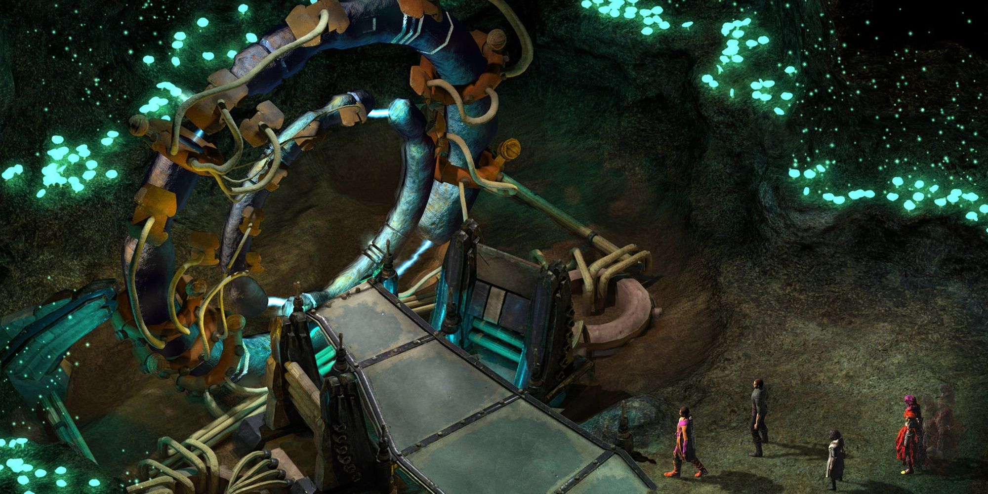A group of Torment: Tides of Numenera characters enter a portal
