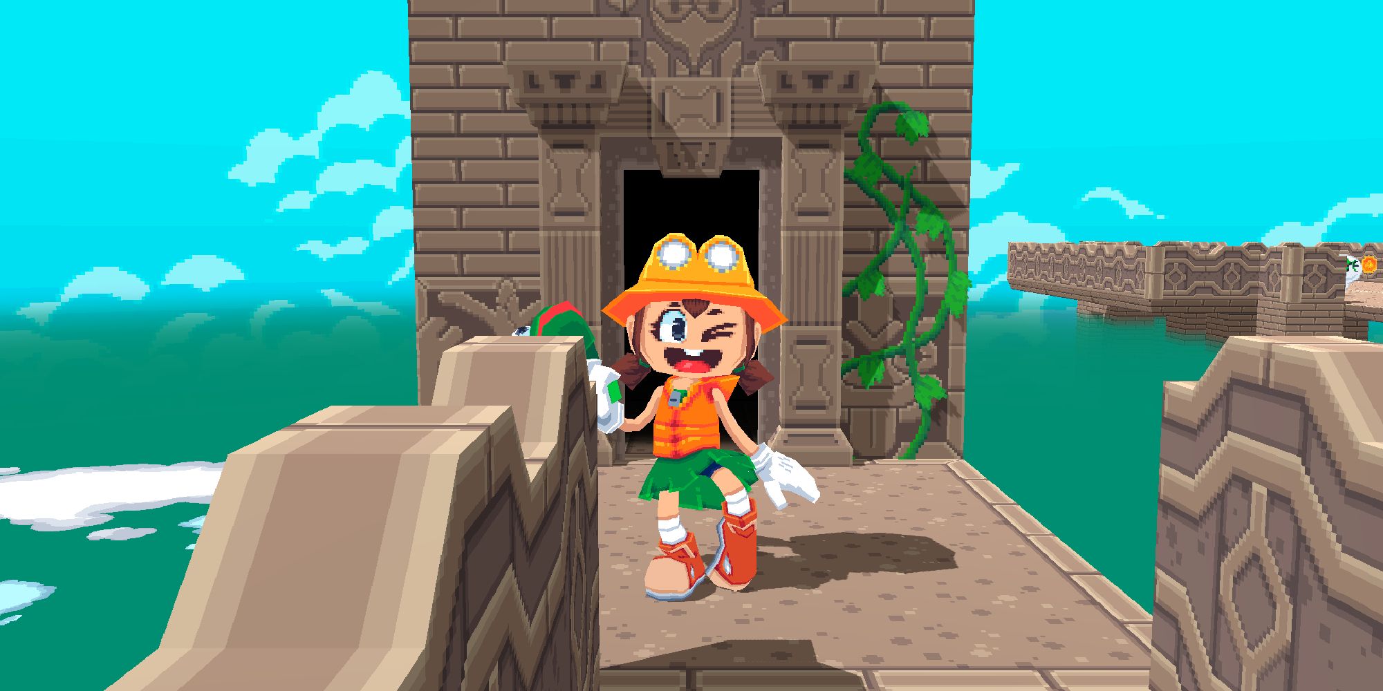 Renata winks at the camera after completing a level in Frogun