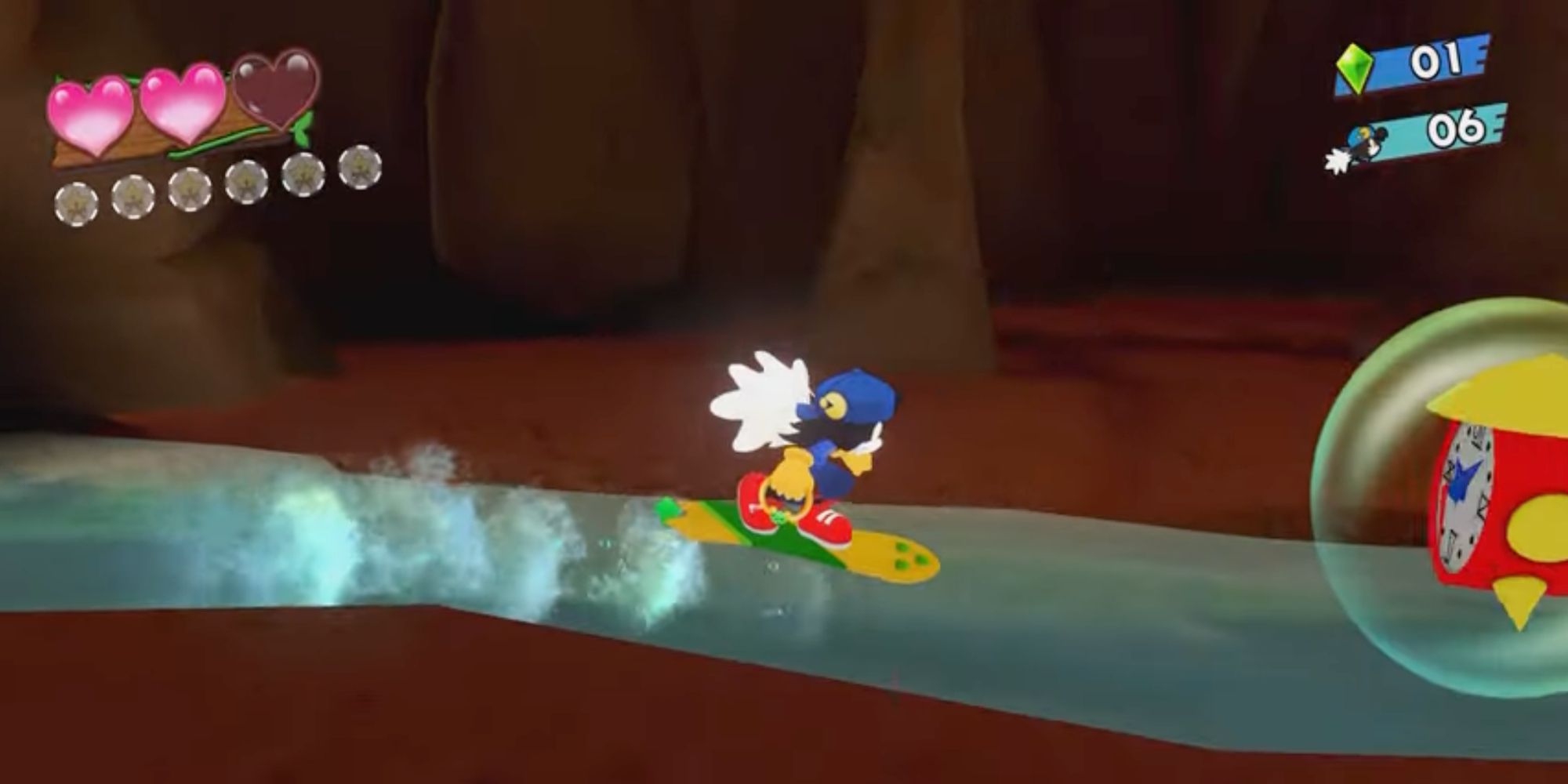 A screenshot from Klonoa 2: Lunatea's Veil, showing Klonoa surfing on a rushing river