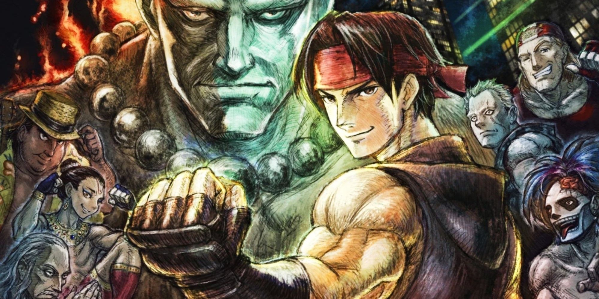 Artwork of Masaru in Live A Live with a plethora of characters in the background