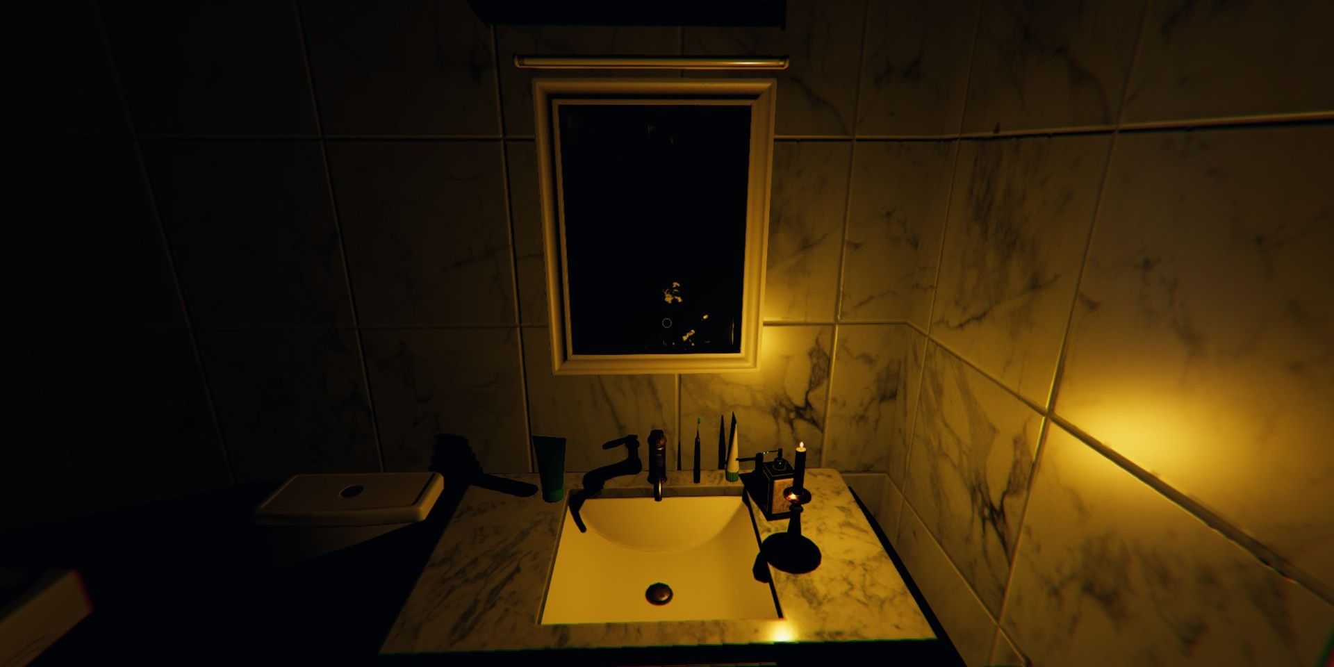 Bathroom mirror with candle on the sink