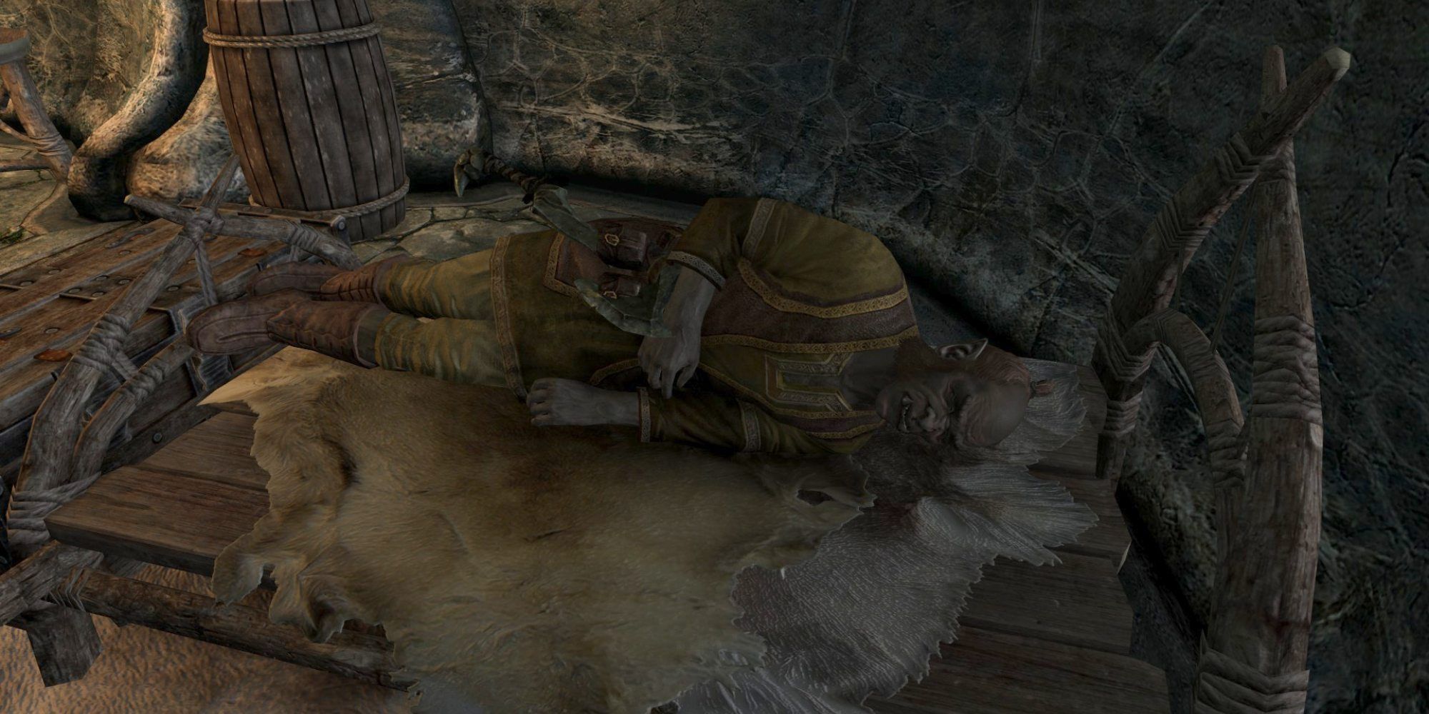 Skyrim screenshot of NPC Mogrul asleep.