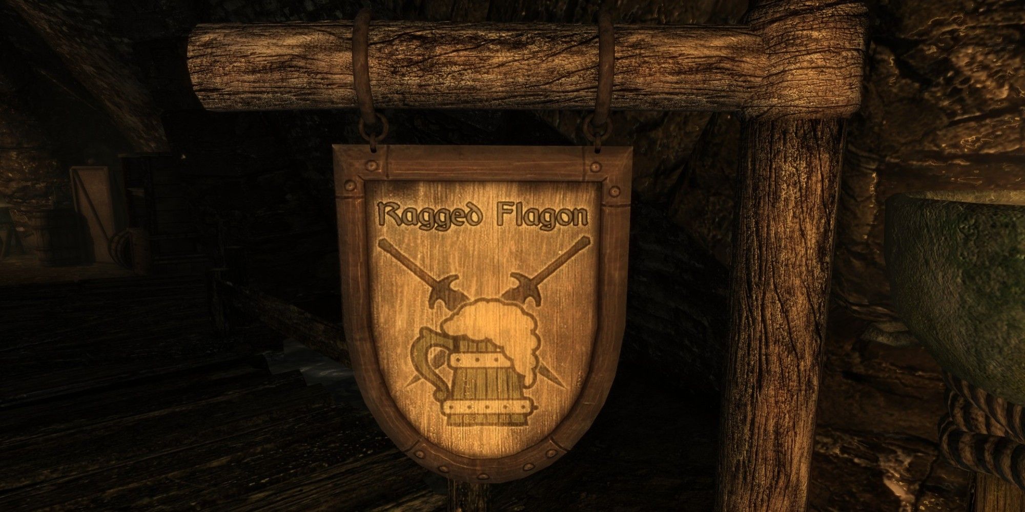Skyrim screenshot of the Ragged Flagon sign