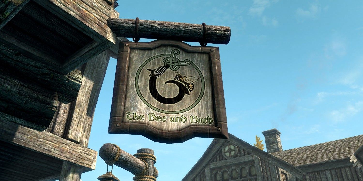 Skyrim screenshot of The Bee and Barb sign.