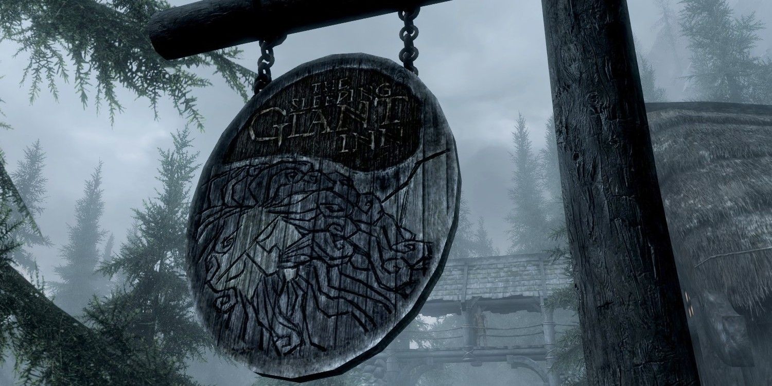 Skyrim screenshot of The Sleeping Giant Inn's sign.