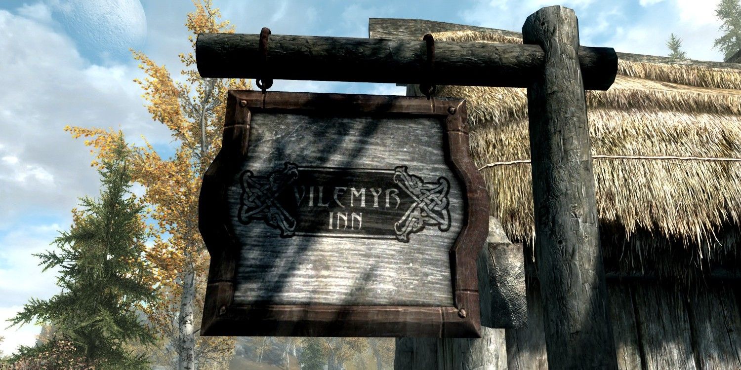 Skyrim screenshot of the Vilemyr Inn sign.