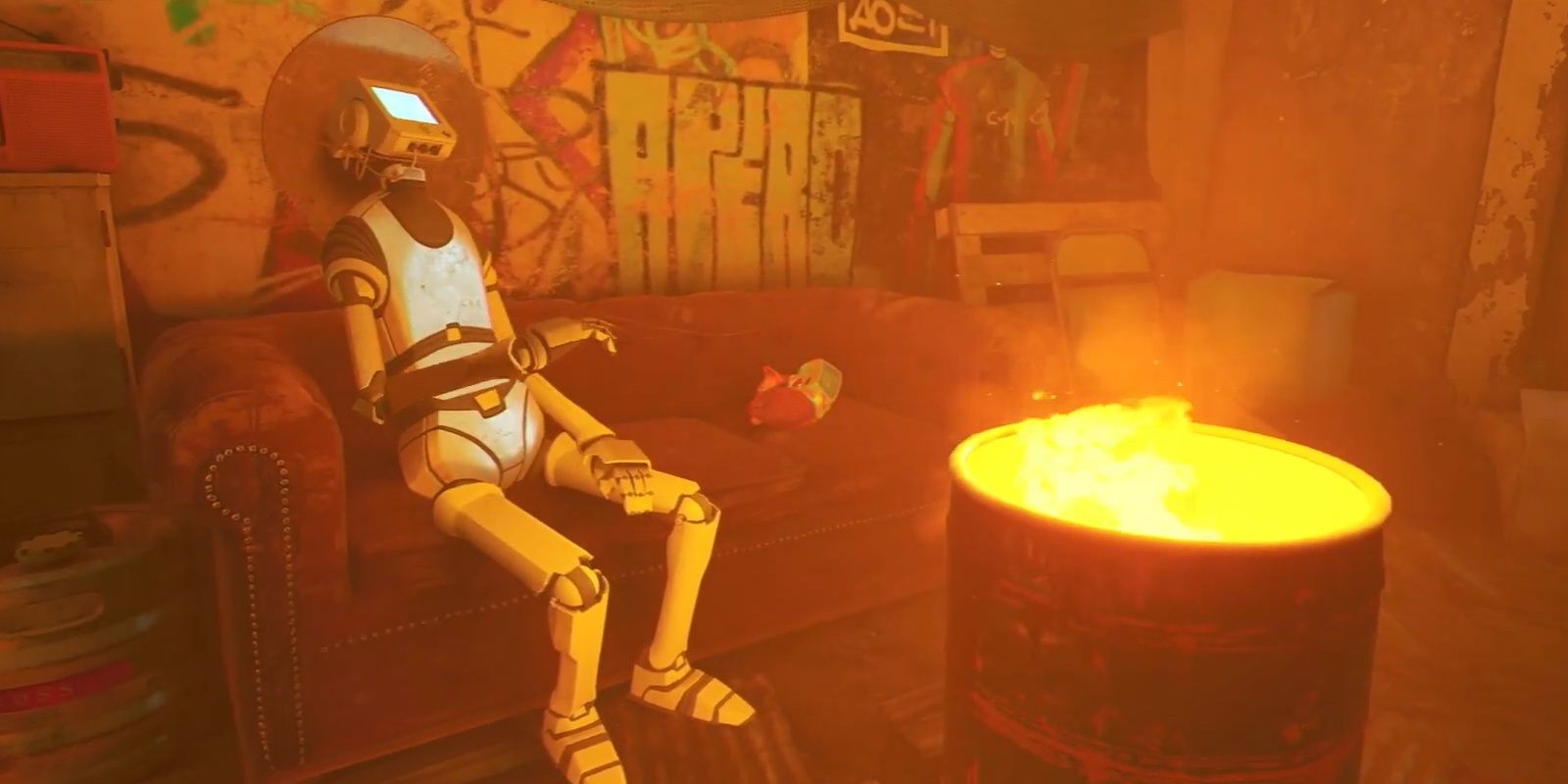 Stray Cat Napping On Couch Next To Fire Barrel And Arguing Robot