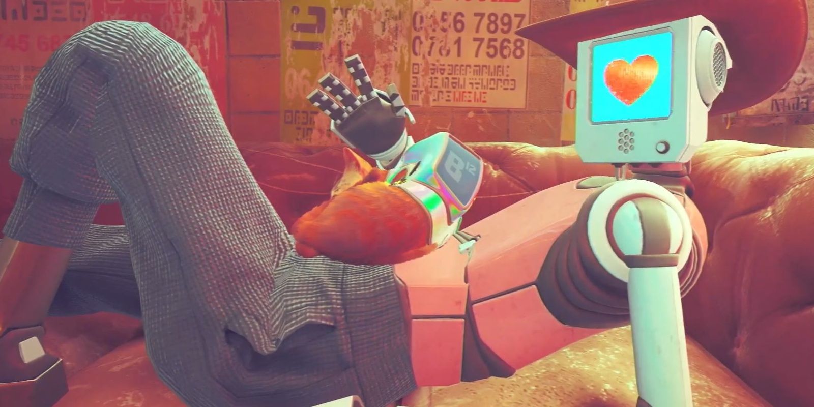 Stray Cat Napping On Cowboy Robot In Love Petting On Couch
