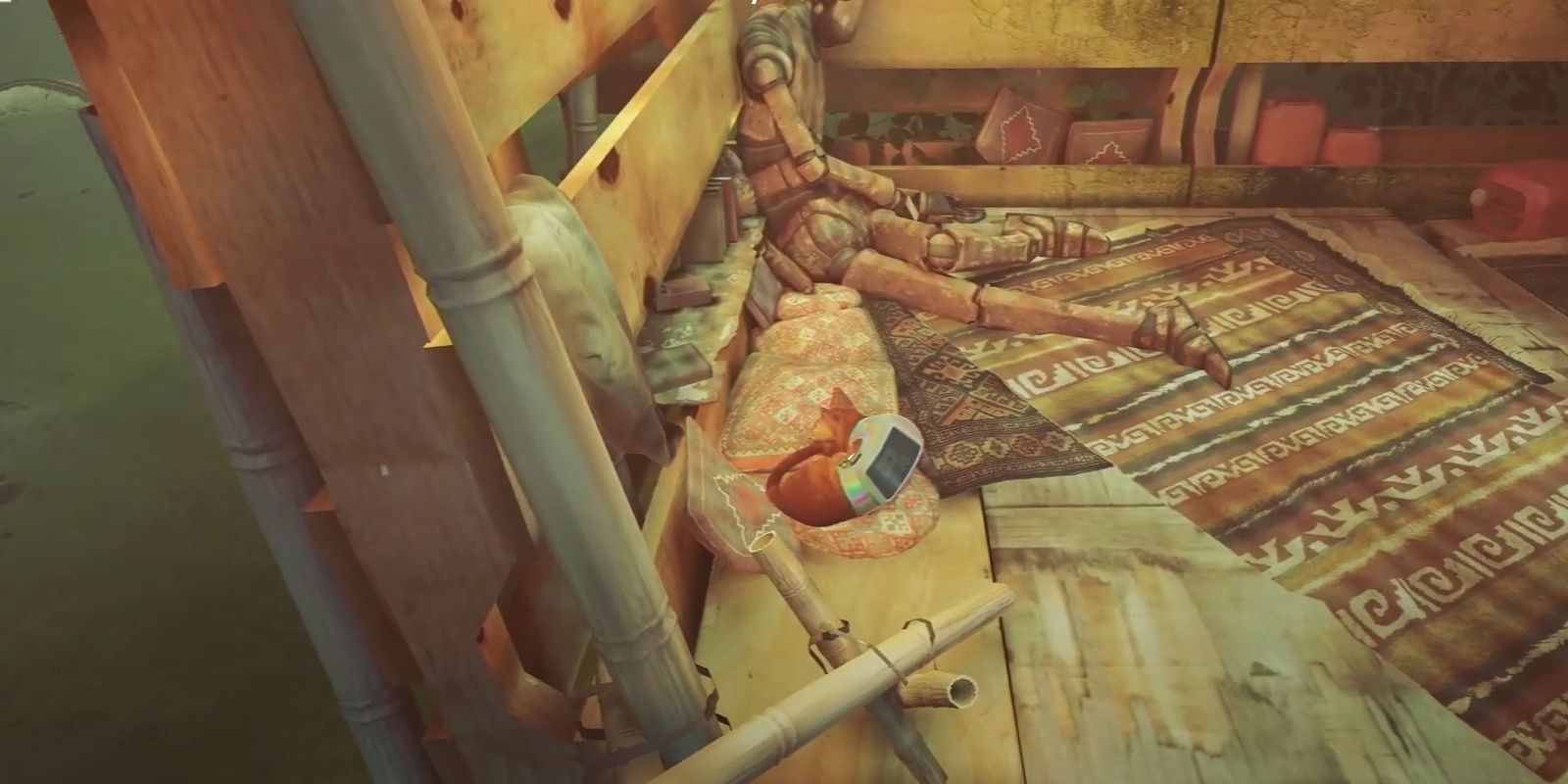 Stray Cat Napping On A Raft Beside Dead Robot