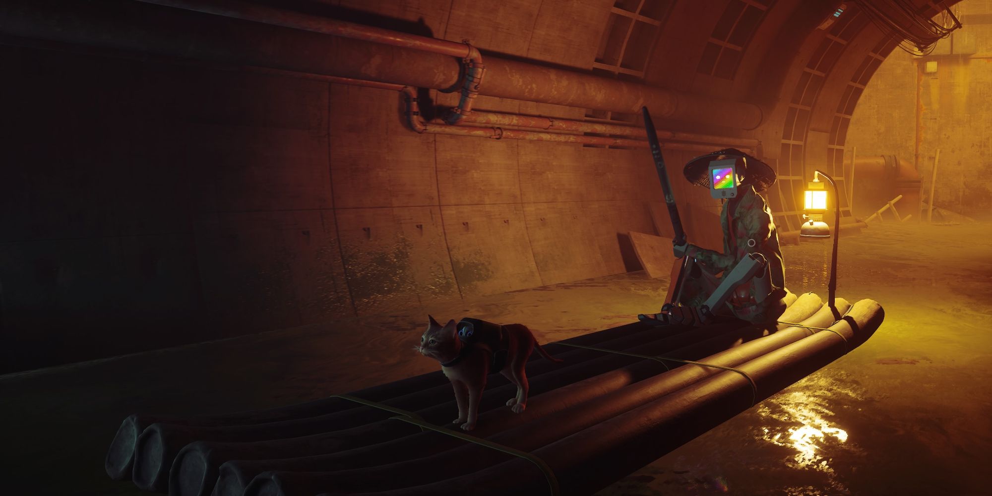 stray the sewers momo and cat on raft