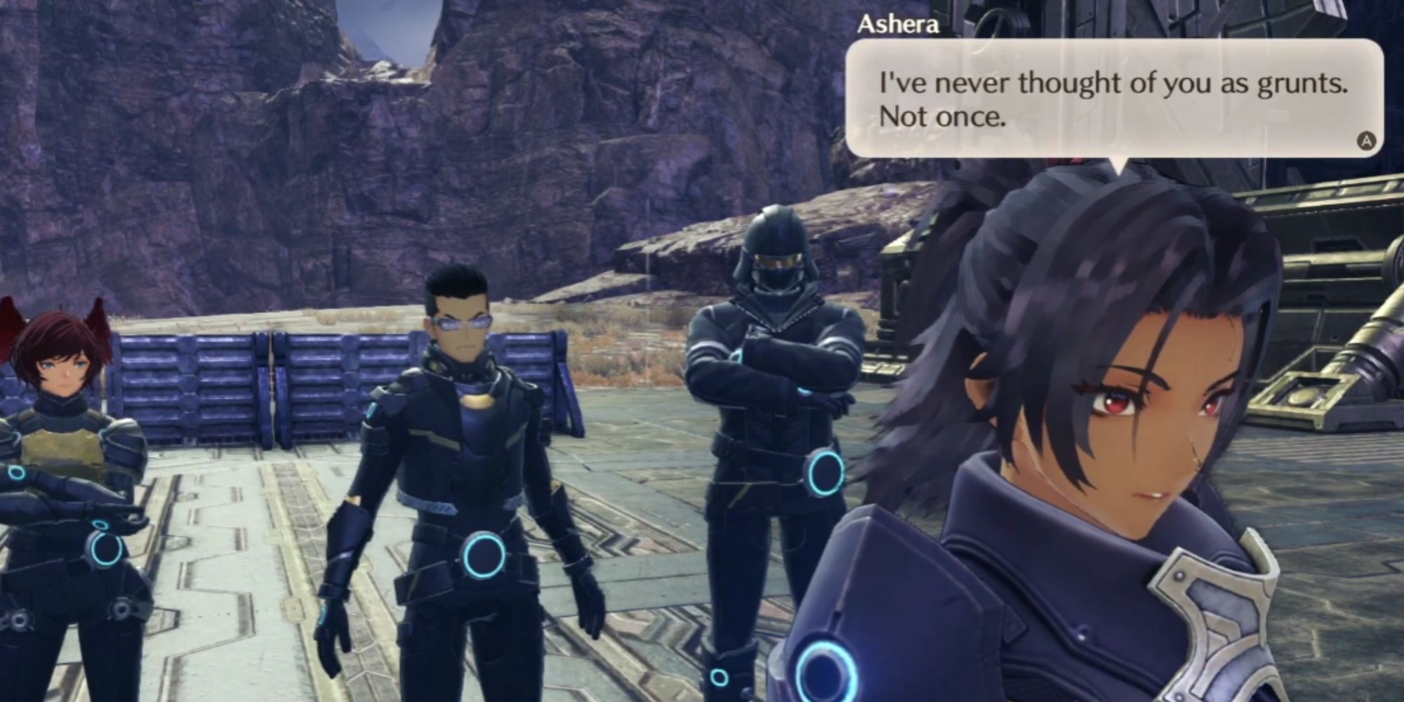 Xenoblade Chronicles 3 Ashera speaking to the Three Ravens after fighting them.