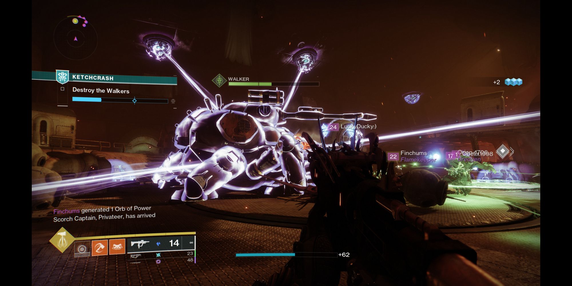 A screenshot from Destiny 2 showing players destroying the Fallen walker tanks in season 18's Ketchcrash activity. 
