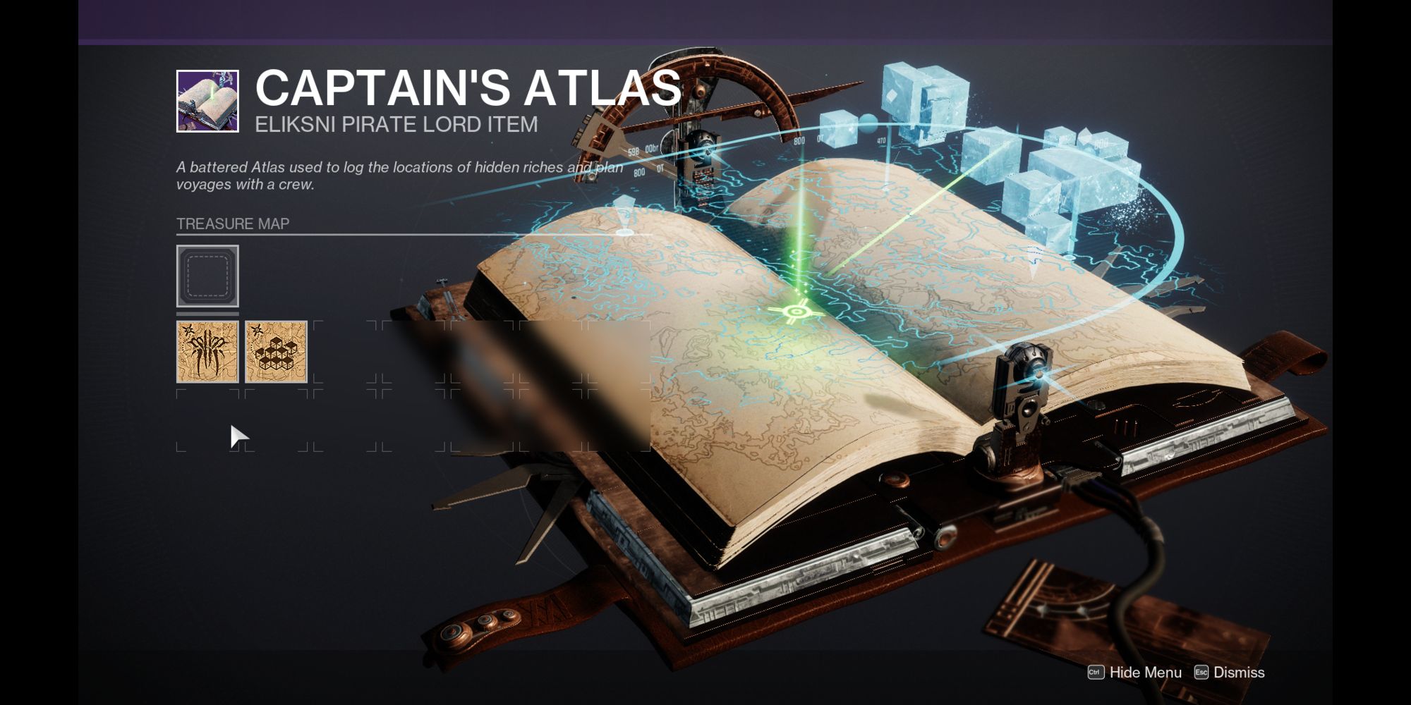 A screenshot of the Captains Atlas in Destiny 2. Showing different treasure maps. 