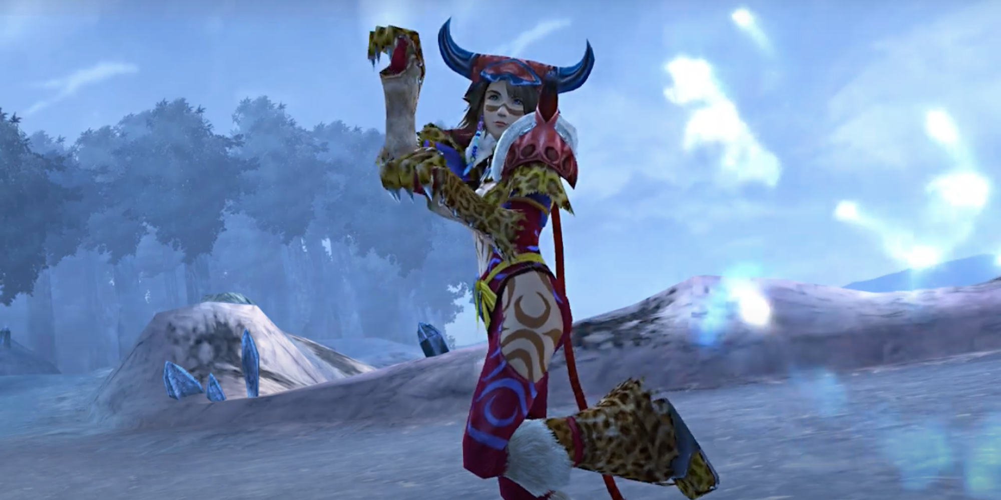 A screenshot from Final Fantasy X-2, showing Yuna posing in her Berserker dressphere