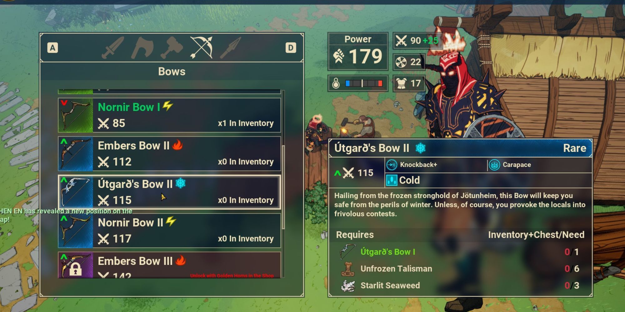 selection of bows ready for crafting, with Utgard's Bow highlighted