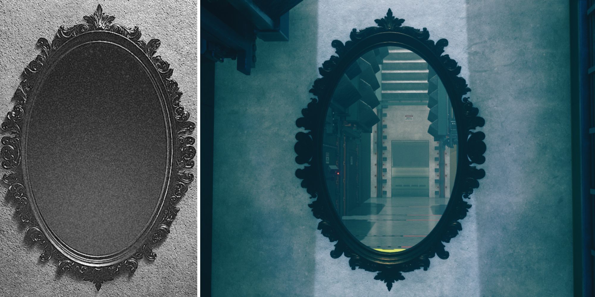 left: victorian mirror case file photo; right: The Victorian Mirror in the Syncronicity Lab