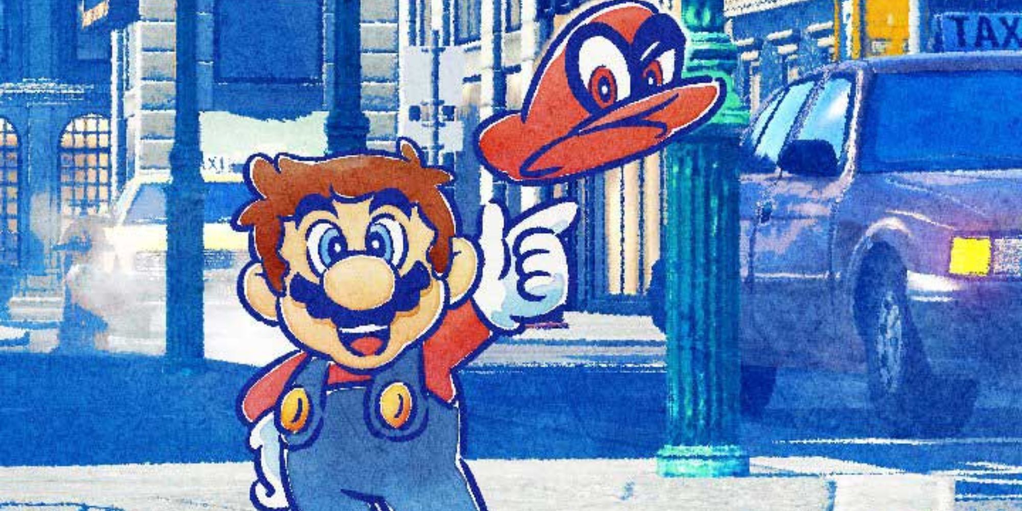 official artwork of Mario throwing his sentient cap in the air