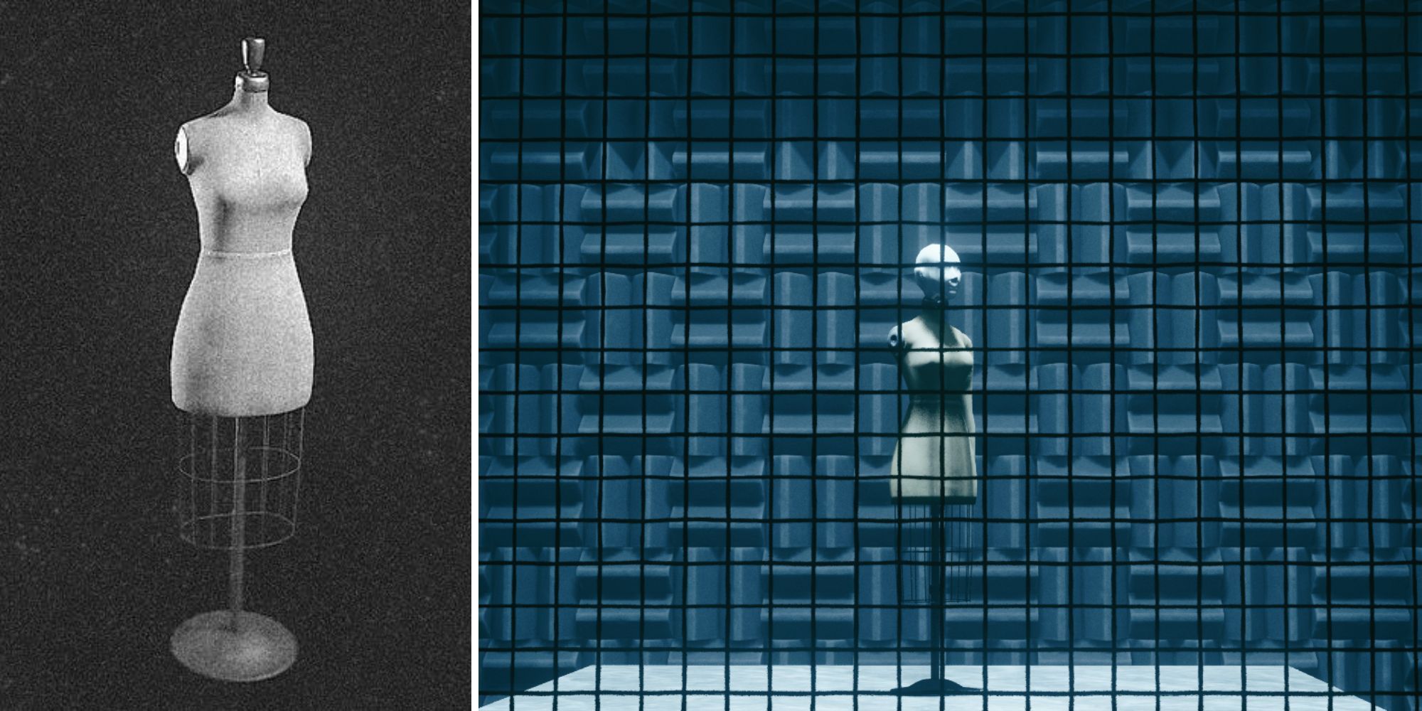 left: mannequin case file photo, right: mannequin in its Panopticon cell