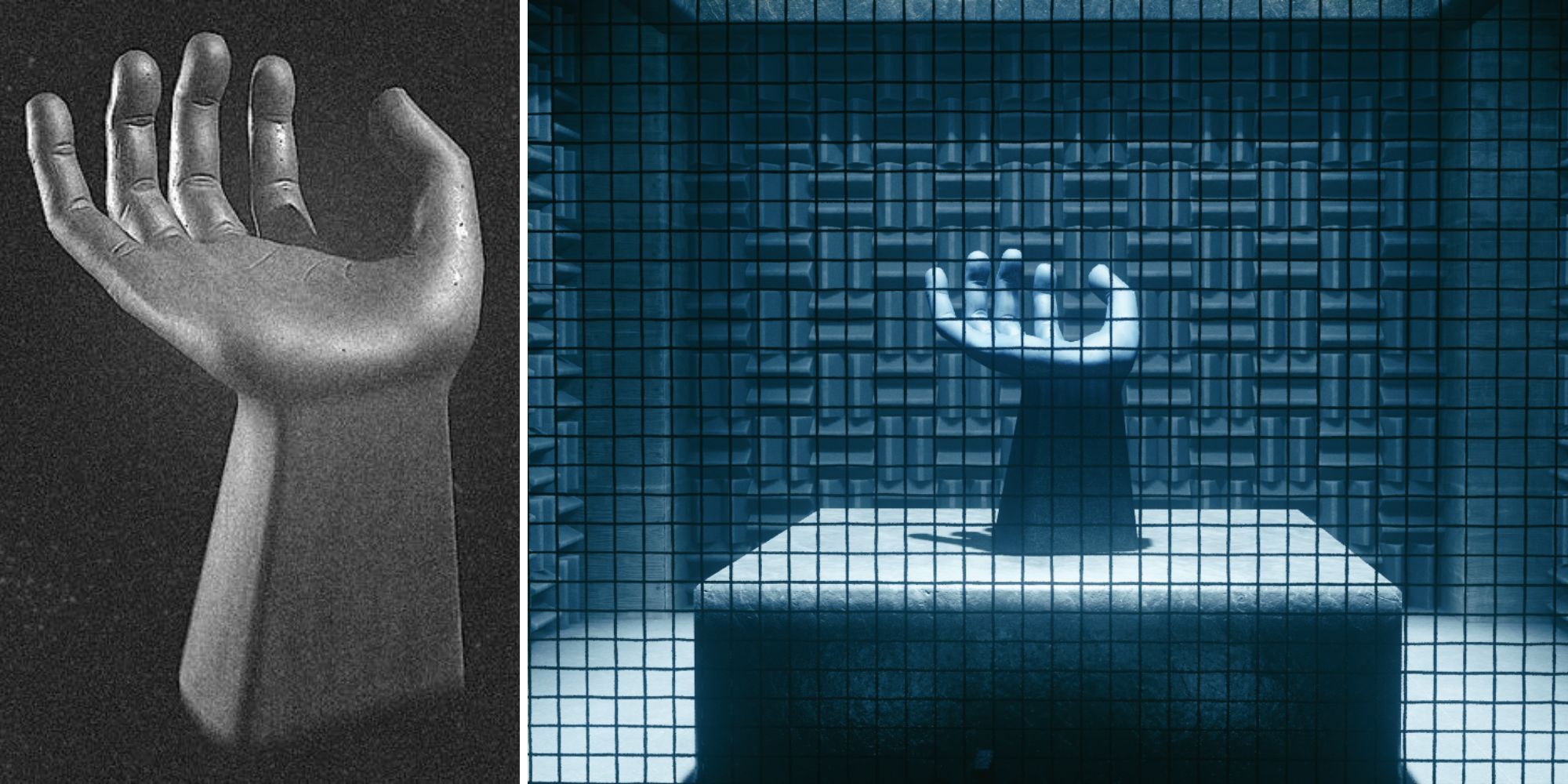 left: human hand chair case file; right: human hand chair in its panopticon cell