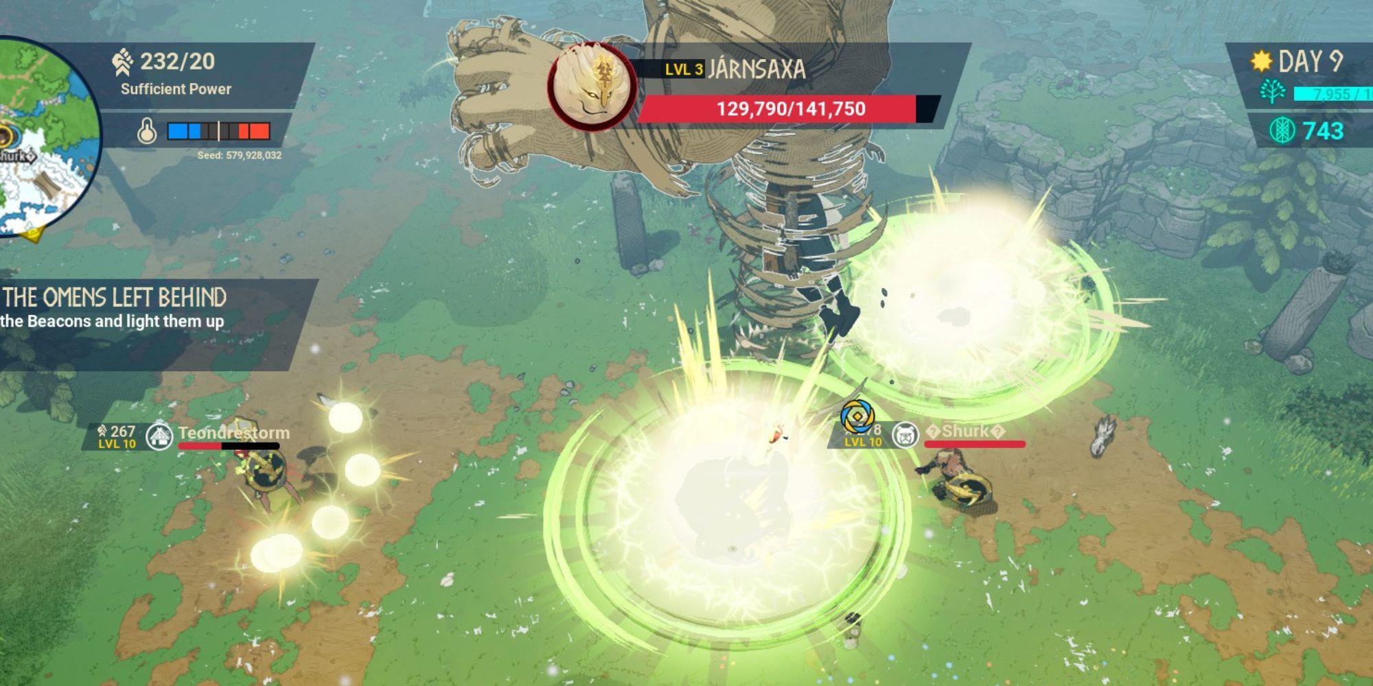 thunder rains down while thunderbolts trail a player as Jarnsaxa attacks