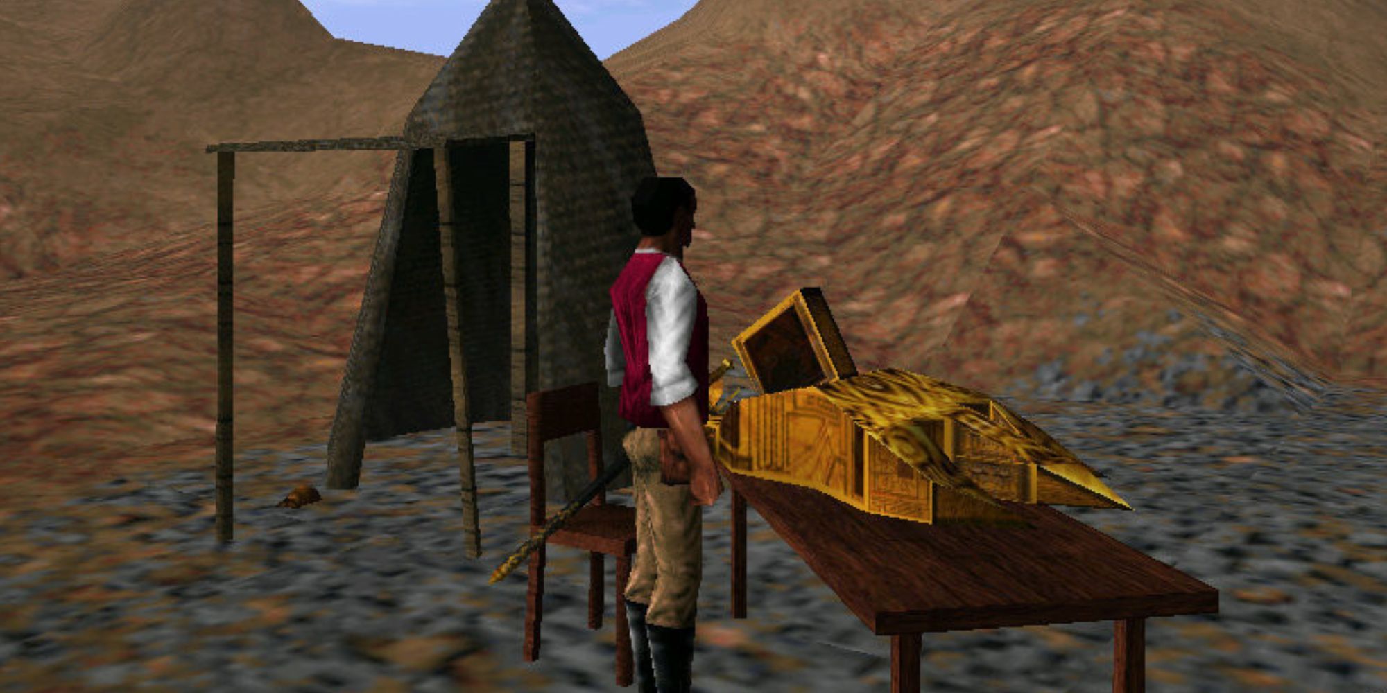 Elder Scrolls Redguard Cyrus examining an artifact.