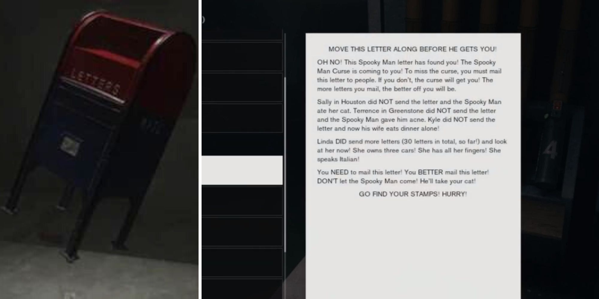 left: the altered mail box floats in a hidden area by the Shifted Offices; right: the contents of the chain letter Jesse receives from the mailbox