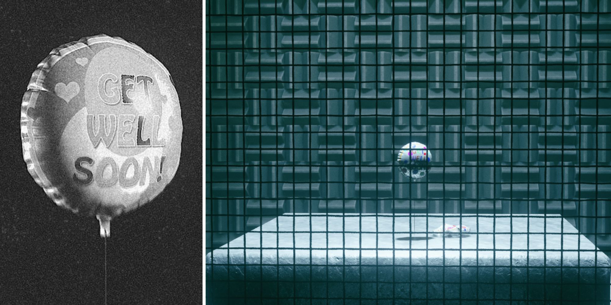 left: "get well" balloon case file photo; right: "get well" balloon in its panopticon cell