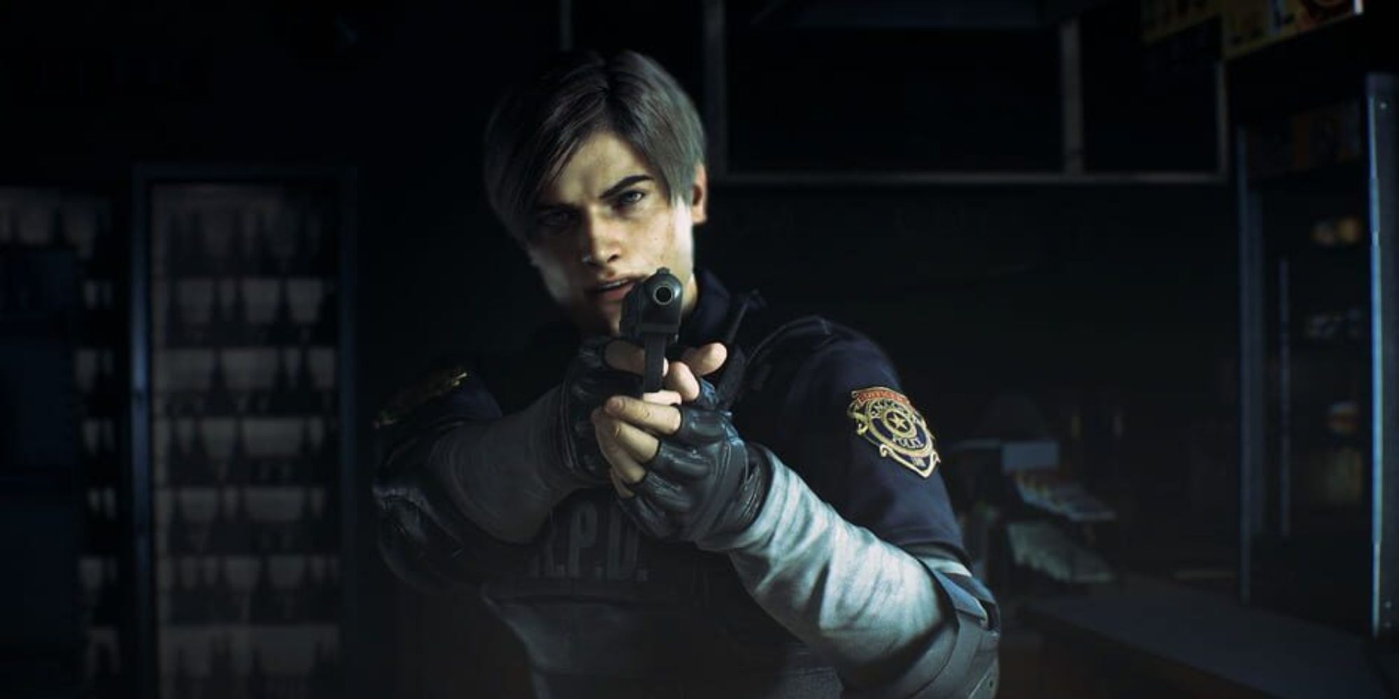 Leon aims his gun at oncoming enemies