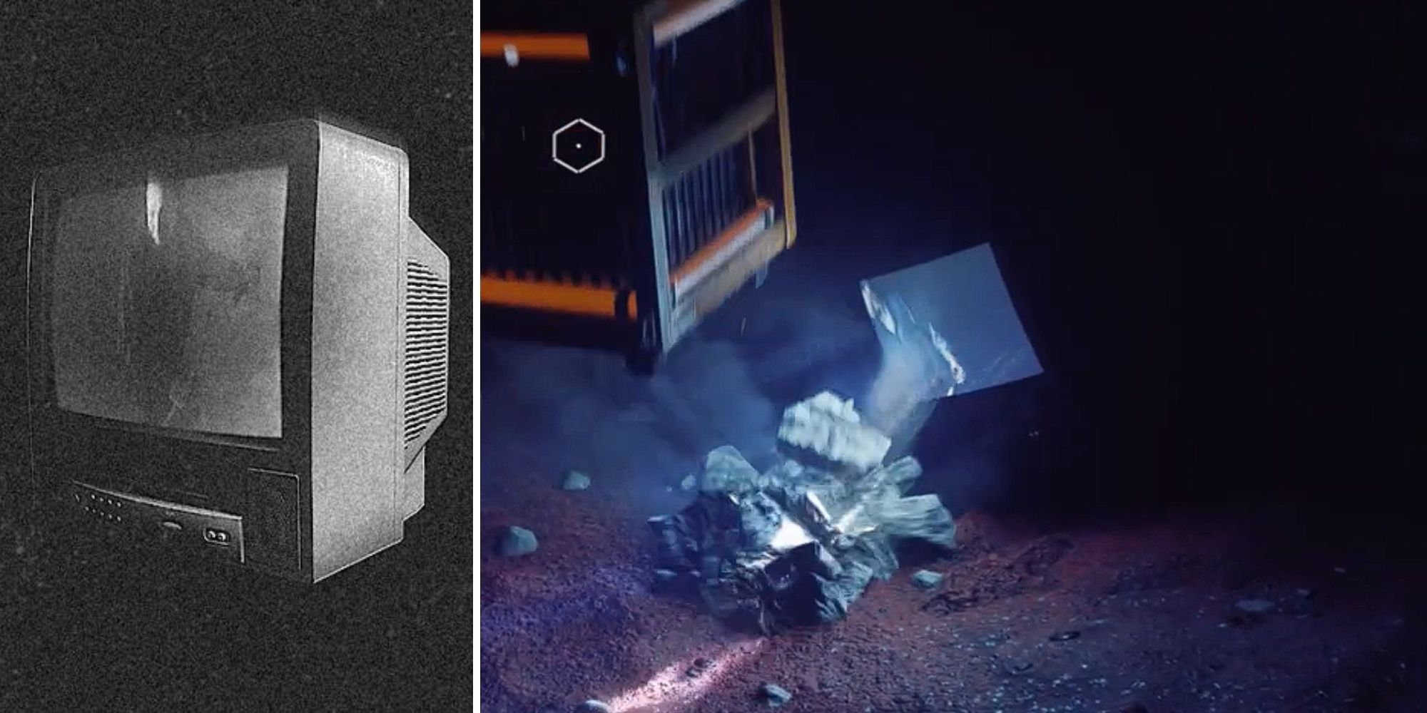 left: Case file photo for the VHS Casette Tape; right: The tv with the VHS Casette Tape playing is found in the Chasm