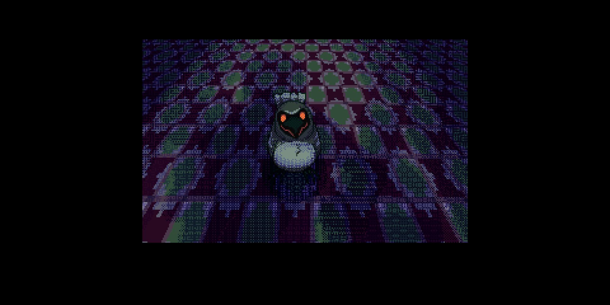 A small bird from An Outcry, staring at the player with glowing orange eyes in a dimly-lit hallway.