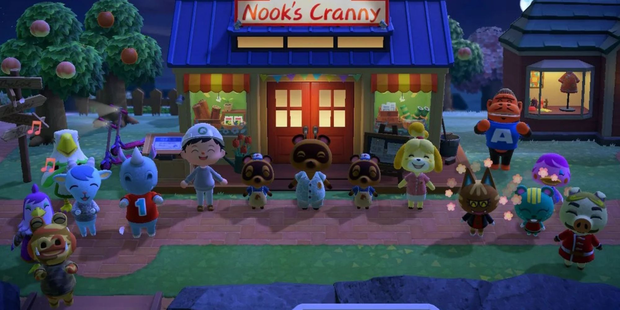 Tom Nook and the citizens of the island smiling at the camera in Animal Crossing: New Horizons