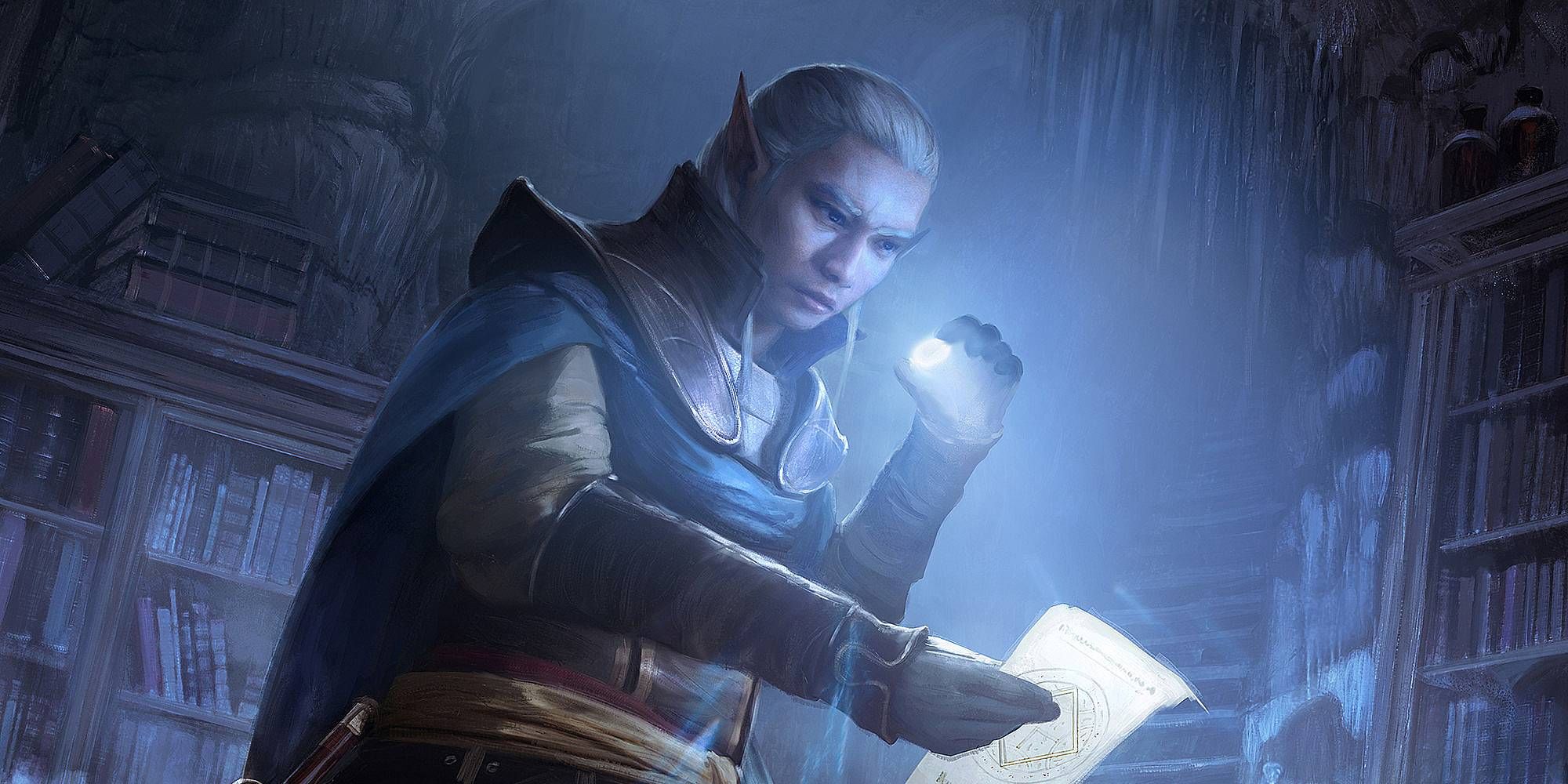 A light haired elven man holds a glowing rock as he reads a piece of parchment in a dark library