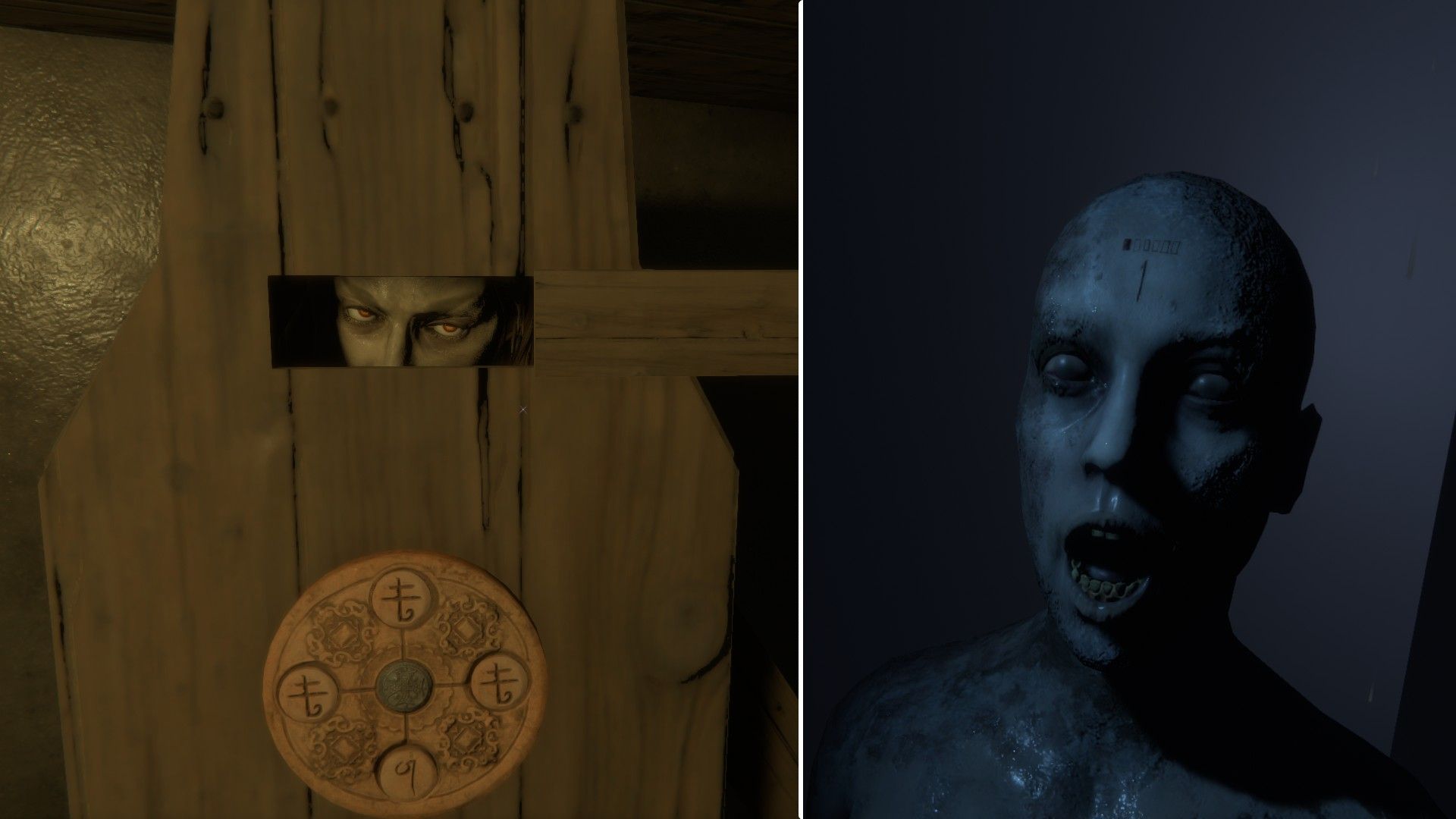 Vallery possessed in the basement and one of the statues with a piece of code on it in The Mortuary Assistant