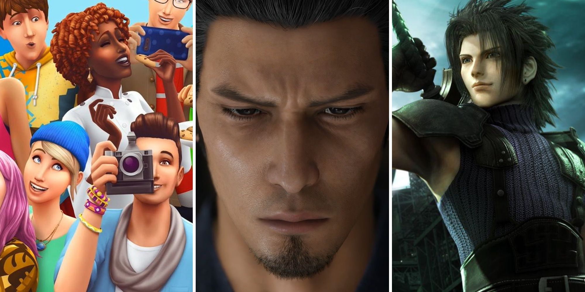 A group of Sims, a close up of Kiryu's face, and Zack from Crisis Core