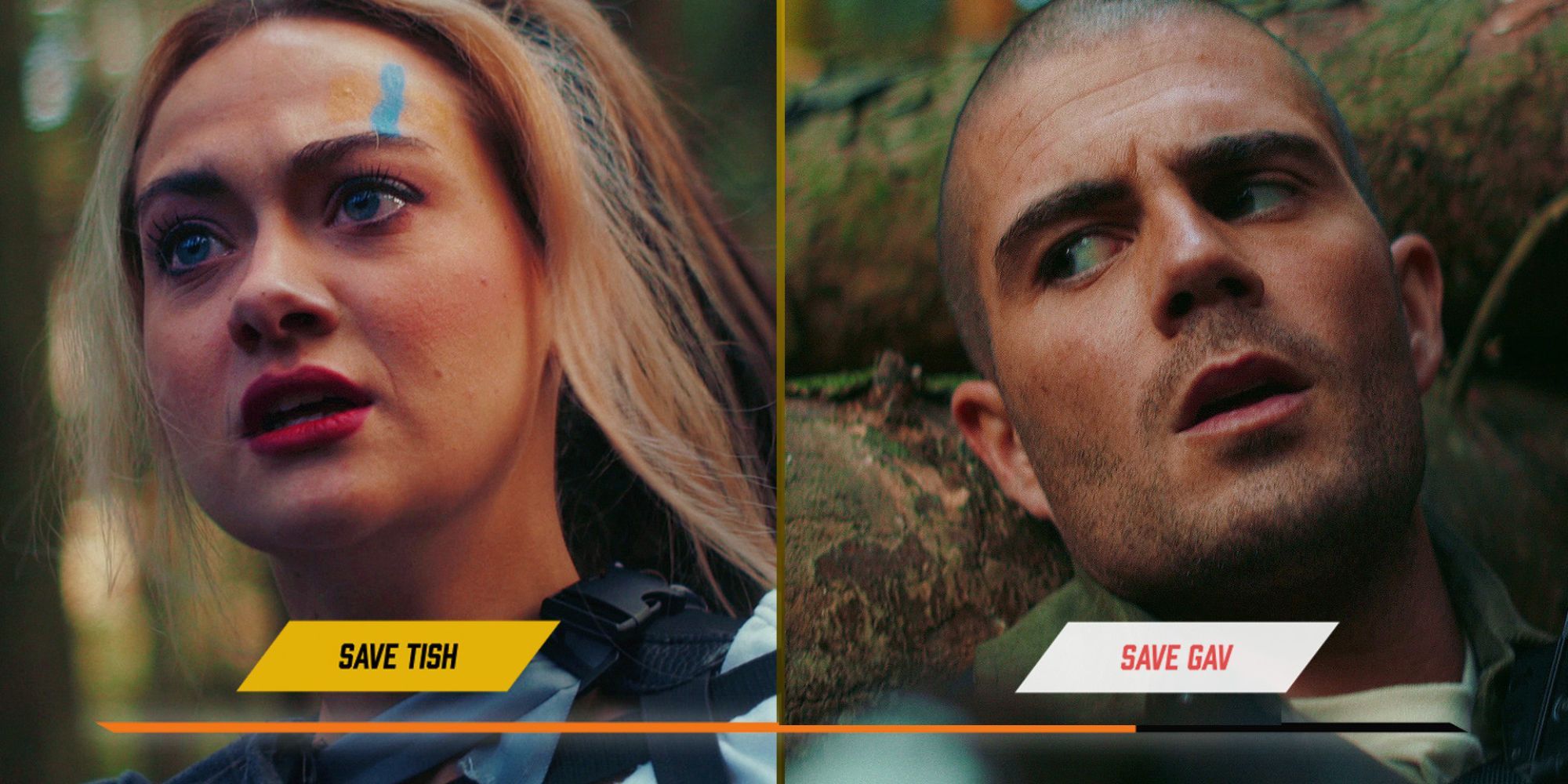 Tish and Gav look scared in a forest-like area