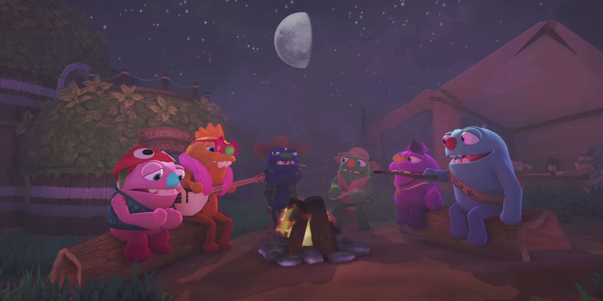Grumpuses sitting around a campfire in Bugsnax