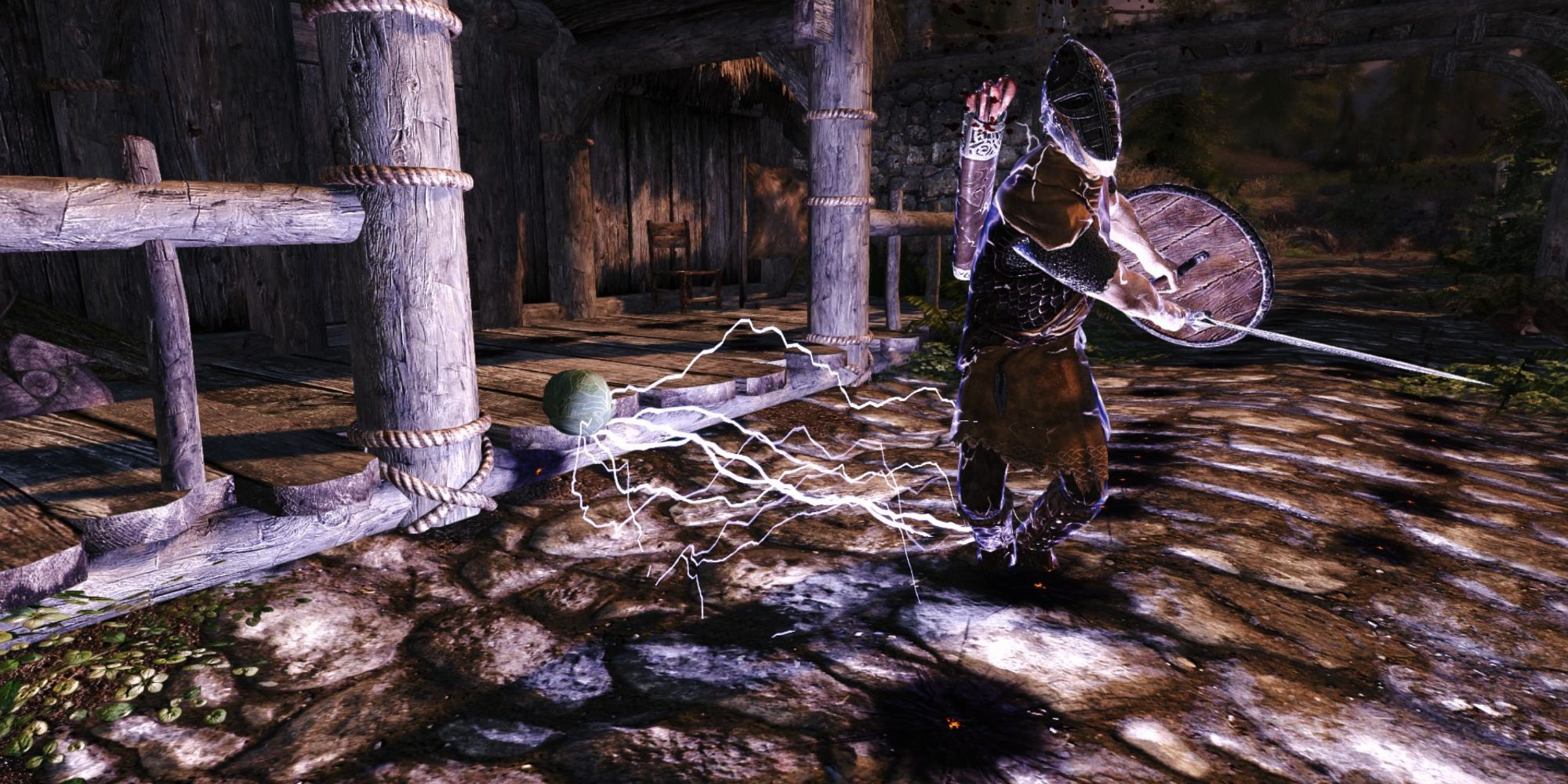 Cabbage Follower in Skyrim attacking a guard with a lightening spell