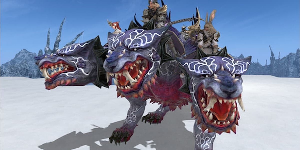 Four party members riding Cerberus in a snowy landscape