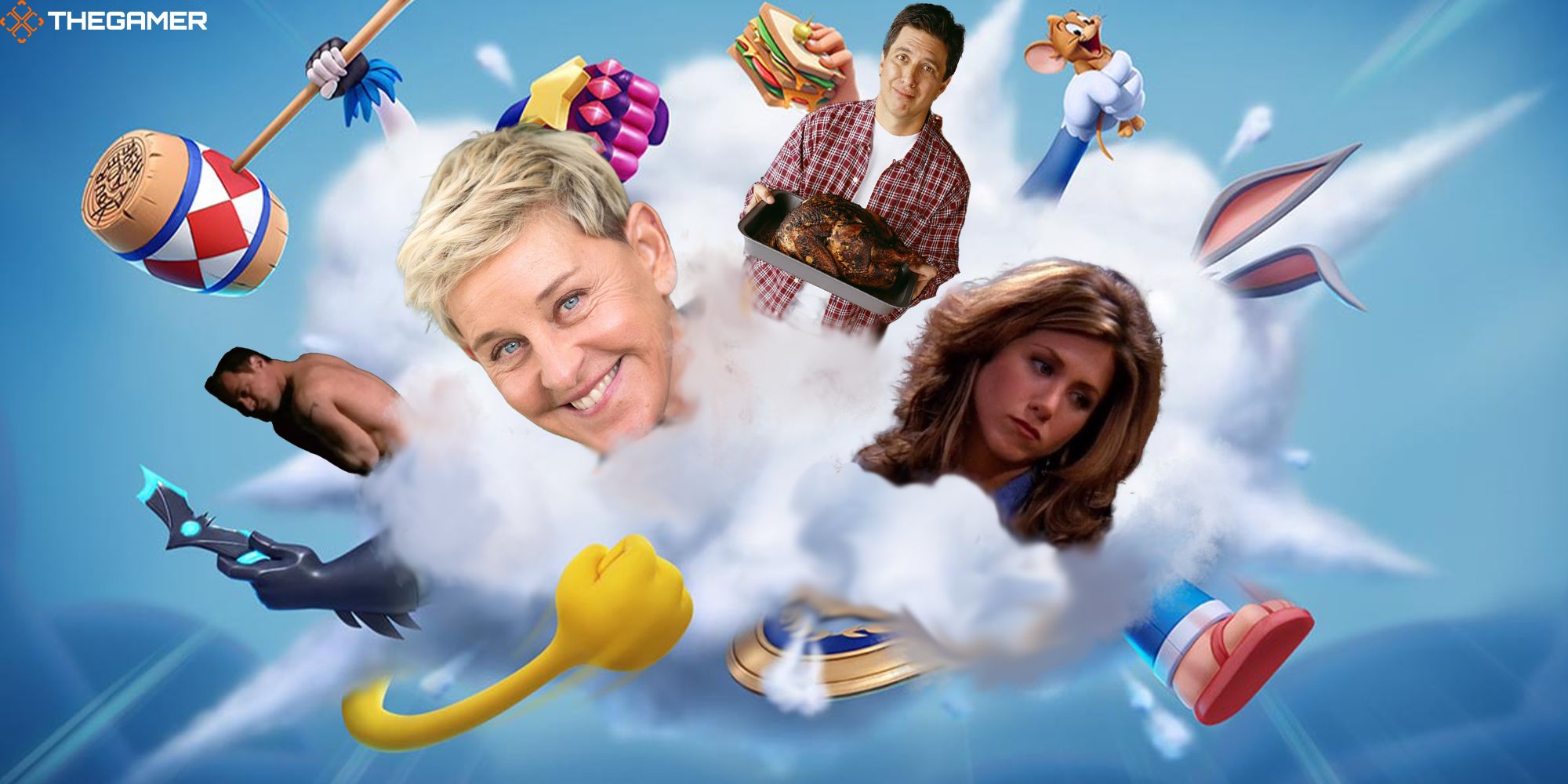 Ellen DeGeneres, Rachel Green from Friends, Ray Romano from Everybody Loves Raymond, and Chris Keller from Oz, pop out of a cloud of fighting fists from MultiVersus. Custom Image for TG.