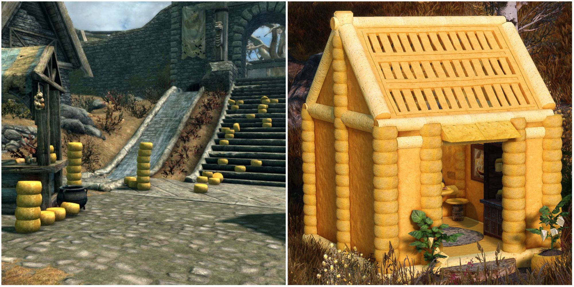 Cheese Magic and Cheese House mods in Skyrim showing NPCs turned into wheels of cheese and a little house made of cheese