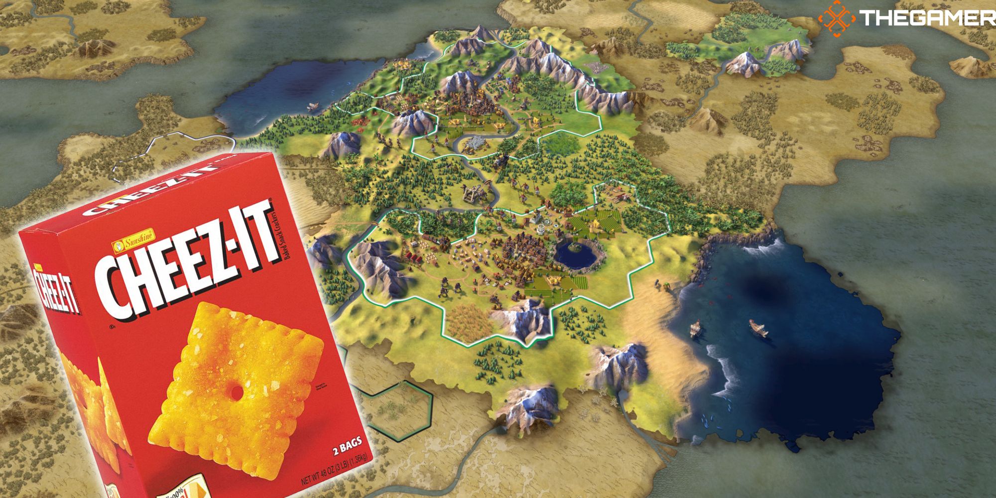 A box of Cheez-Its sits in front of a map from Civilization 6. Custom image for TG.
